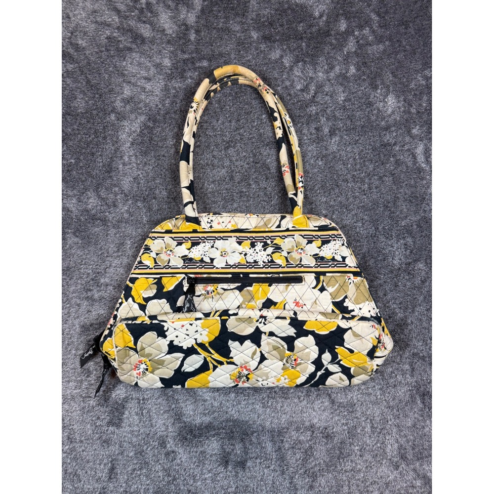 Vera Bradley Sun Valley Quilted Floral Shoulder Bag Black Yellow Tote